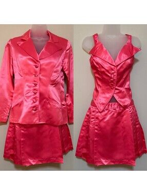 Rare Betsey Johnson Vintage Y2K 3 Piece Suit Skirt Corset Set Hot Pink Medium
